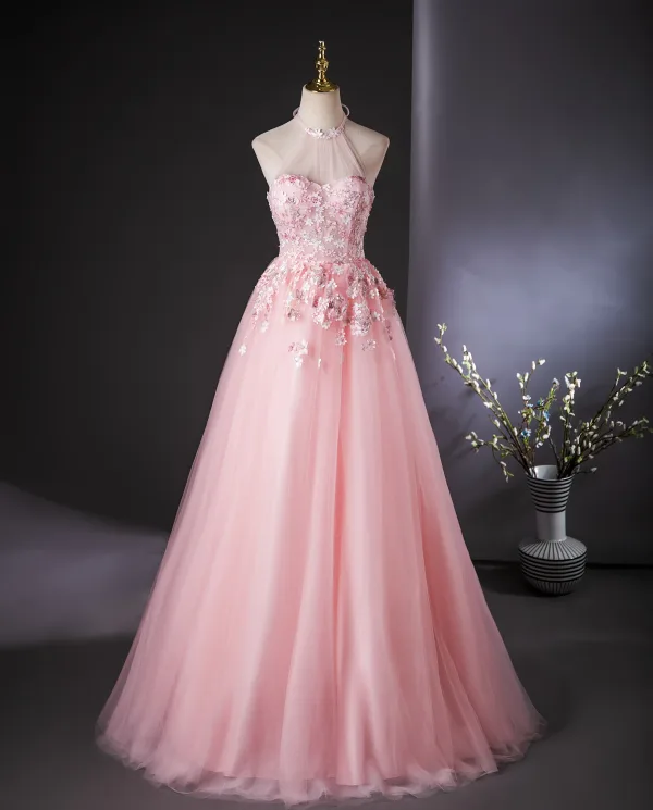 Lovely Candy Pink Beading Appliques Prom Dresses 2024 Ball Gown Halter Sleeveless Backless Floor-Length / Long Prom Formal Dresses