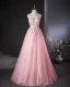 Lovely Candy Pink Beading Appliques Prom Dresses 2024 Ball Gown Halter Sleeveless Backless Floor-Length / Long Prom Formal Dresses