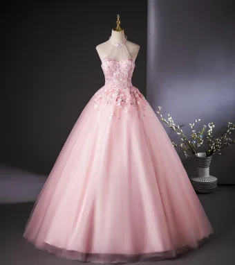 Lovely Candy Pink Beading Appliques Prom Dresses 2024 Ball Gown Halter Sleeveless Backless Floor Length Long Prom Formal Dresses
