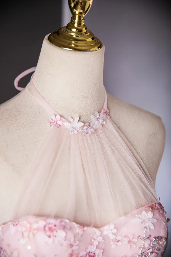 Lovely Candy Pink Beading Appliques Prom Dresses 2024 Ball Gown Halter Sleeveless Backless Floor-Length / Long Prom Formal Dresses