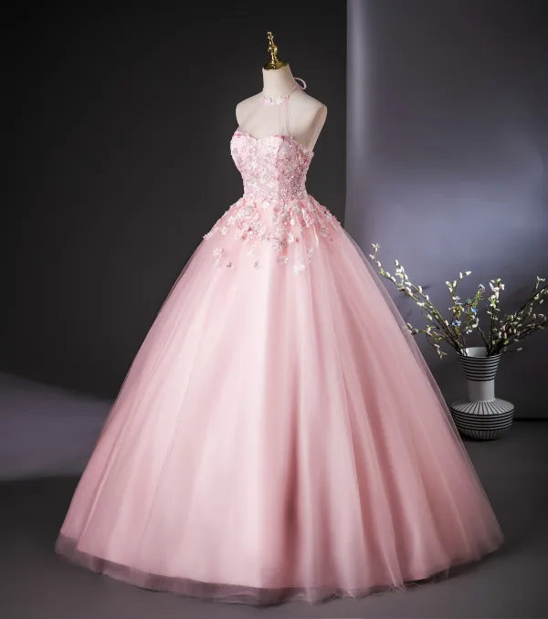 Lovely Candy Pink Beading Appliques Prom Dresses 2024 Ball Gown Halter Sleeveless Backless Floor-Length / Long Prom Formal Dresses