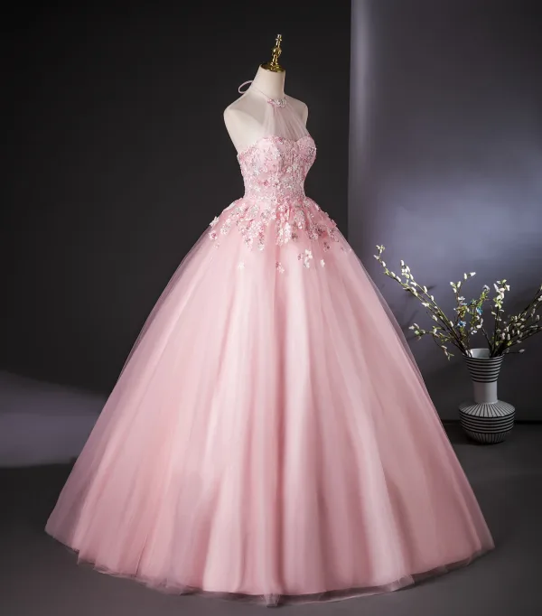 Lovely Candy Pink Beading Appliques Prom Dresses 2024 Ball Gown Halter Sleeveless Backless Floor-Length / Long Prom Formal Dresses