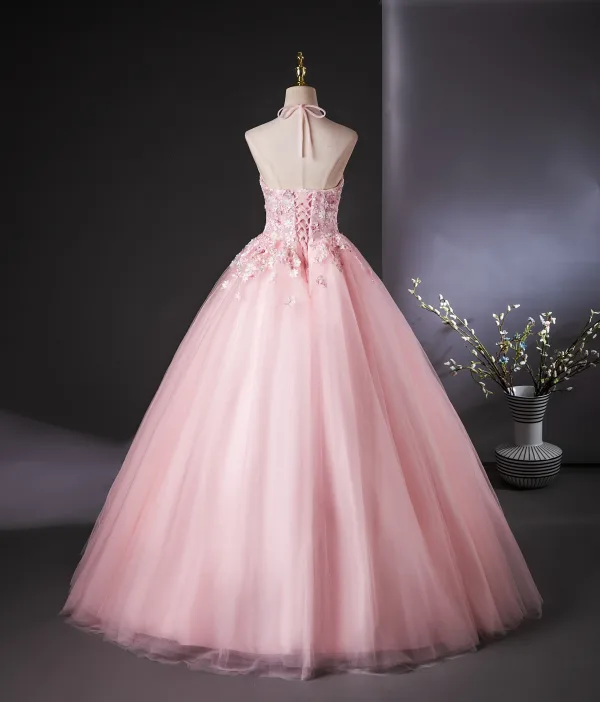 Lovely Candy Pink Beading Appliques Prom Dresses 2024 Ball Gown Halter Sleeveless Backless Floor-Length / Long Prom Formal Dresses
