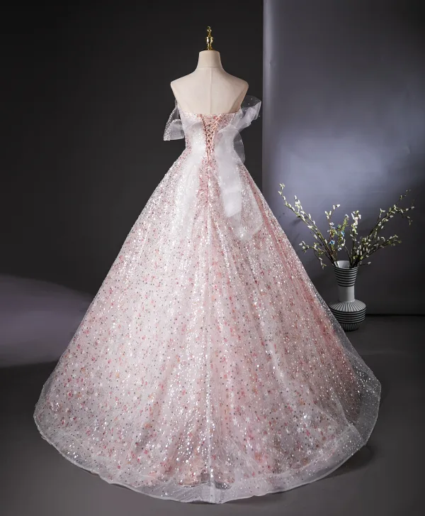 Bling Bling Blushing Pink Beading Sequins Prom Dresses 2024 Ball Gown Strapless Sleeveless Backless Floor-Length / Long Prom Formal Dresses