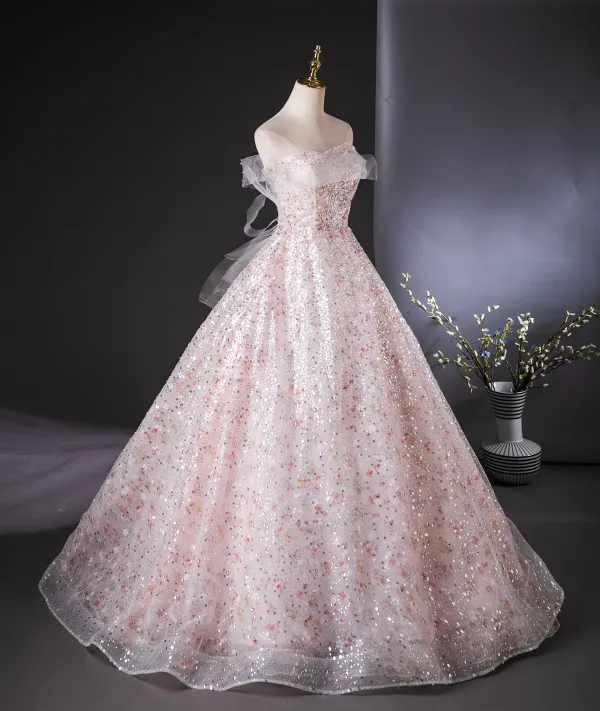 Bling Bling Blushing Pink Beading Sequins Prom Dresses 2024 Ball Gown Strapless Sleeveless Backless Floor-Length / Long Prom Formal Dresses
