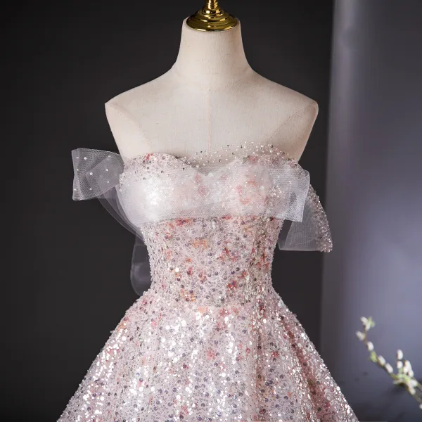 Bling Bling Blushing Pink Beading Sequins Prom Dresses 2024 Ball Gown Strapless Sleeveless Backless Floor-Length / Long Prom Formal Dresses
