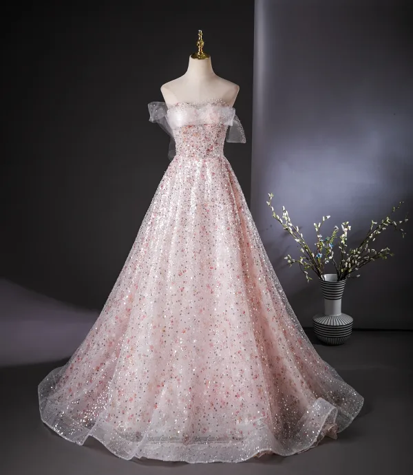 Bling Bling Blushing Pink Beading Sequins Prom Dresses 2024 Ball Gown Strapless Sleeveless Backless Floor-Length / Long Prom Formal Dresses