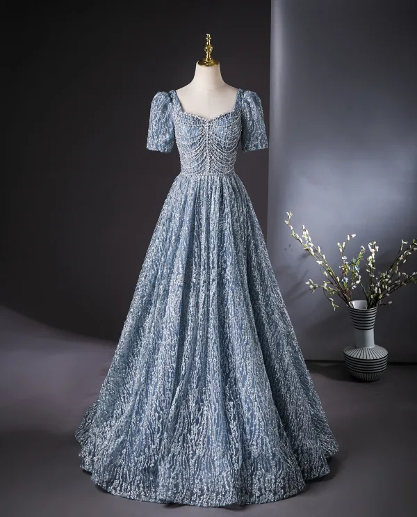 Sparkly Ocean Blue Beading Rhinestone Sequins Prom Dresses 2024 Ball Gown Square Neckline Short Sleeve Backless Floor-Length / Long Prom Formal Dresses