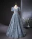Sparkly Ocean Blue Beading Rhinestone Sequins Prom Dresses 2024 Ball Gown Square Neckline Short Sleeve Backless Floor-Length / Long Prom Formal Dresses
