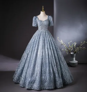 Scintillantes Océan Bleu Perlage Faux Diamant Paillettes Robe De Bal 2024 Robe Boule Encolure Carrée Manches Courtes Dos Nu Longue Promo Robe De Ceremonie