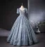Sparkly Ocean Blue Beading Rhinestone Sequins Prom Dresses 2024 Ball Gown Square Neckline Short Sleeve Backless Floor-Length / Long Prom Formal Dresses