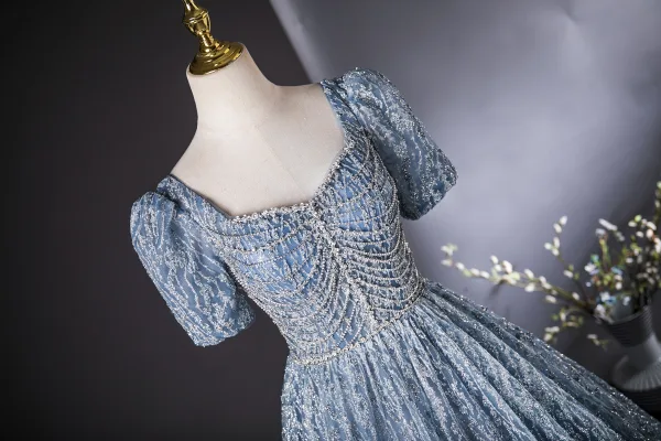Sparkly Ocean Blue Beading Rhinestone Sequins Prom Dresses 2024 Ball Gown Square Neckline Short Sleeve Backless Floor-Length / Long Prom Formal Dresses