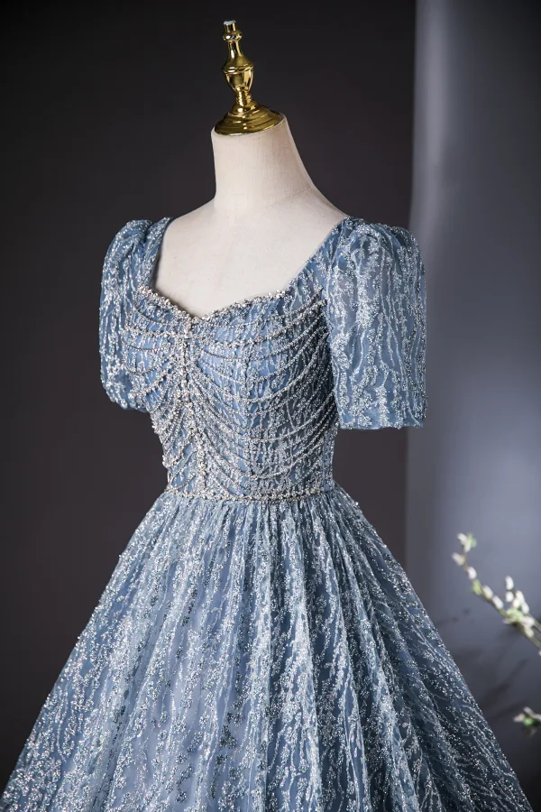 Sparkly Ocean Blue Beading Rhinestone Sequins Prom Dresses 2024 Ball Gown Square Neckline Short Sleeve Backless Floor-Length / Long Prom Formal Dresses