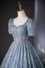 Sparkly Ocean Blue Beading Rhinestone Sequins Prom Dresses 2024 Ball Gown Square Neckline Short Sleeve Backless Floor-Length / Long Prom Formal Dresses