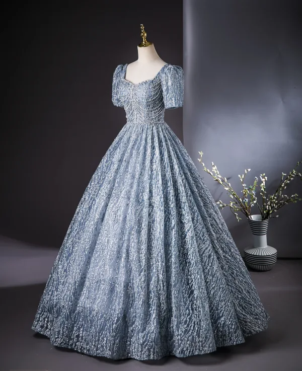 Sparkly Ocean Blue Beading Rhinestone Sequins Prom Dresses 2024 Ball Gown Square Neckline Short Sleeve Backless Floor-Length / Long Prom Formal Dresses