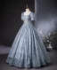 Sparkly Ocean Blue Beading Rhinestone Sequins Prom Dresses 2024 Ball Gown Square Neckline Short Sleeve Backless Floor-Length / Long Prom Formal Dresses