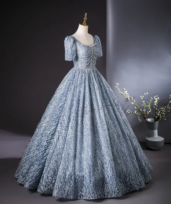 Sparkly Ocean Blue Beading Rhinestone Sequins Prom Dresses 2024 Ball Gown Square Neckline Short Sleeve Backless Floor-Length / Long Prom Formal Dresses