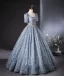 Sparkly Ocean Blue Beading Rhinestone Sequins Prom Dresses 2024 Ball Gown Square Neckline Short Sleeve Backless Floor-Length / Long Prom Formal Dresses