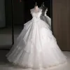Modern / Fashion White Cascading Ruffles Wedding Dresses 2023 Ball Gown Strapless Bow Sleeveless Backless Floor-Length / Long Wedding