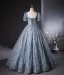 Sparkly Ocean Blue Beading Rhinestone Sequins Prom Dresses 2024 Ball Gown Square Neckline Short Sleeve Backless Floor-Length / Long Prom Formal Dresses
