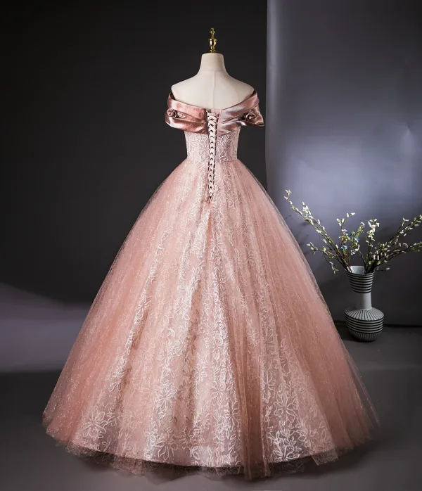 Fashion Blushing Pink Glitter Sequins Prom Dresses 2024 Ball Gown Off-The-Shoulder Short Sleeve Backless Floor-Length / Long Prom Formal Dresses