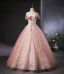 Fashion Blushing Pink Glitter Sequins Prom Dresses 2024 Ball Gown Off-The-Shoulder Short Sleeve Backless Floor-Length / Long Prom Formal Dresses