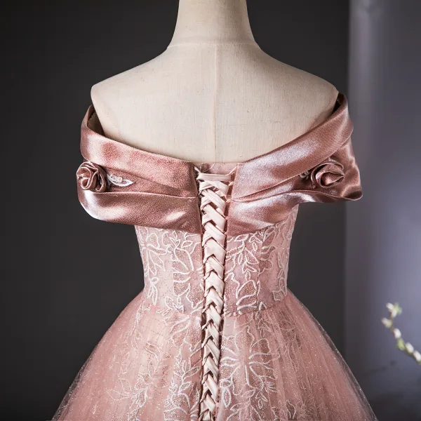 Fashion Blushing Pink Glitter Sequins Prom Dresses 2024 Ball Gown Off-The-Shoulder Short Sleeve Backless Floor-Length / Long Prom Formal Dresses