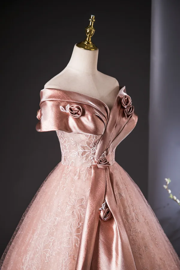 Fashion Blushing Pink Glitter Sequins Prom Dresses 2024 Ball Gown Off-The-Shoulder Short Sleeve Backless Floor-Length / Long Prom Formal Dresses