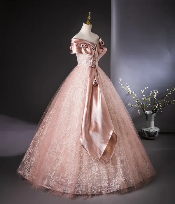 Fashion Blushing Pink Glitter Sequins Prom Dresses 2024 Ball Gown Off-The-Shoulder Short Sleeve Backless Floor-Length / Long Prom Formal Dresses