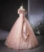 Fashion Blushing Pink Glitter Sequins Prom Dresses 2024 Ball Gown Off-The-Shoulder Short Sleeve Backless Floor-Length / Long Prom Formal Dresses