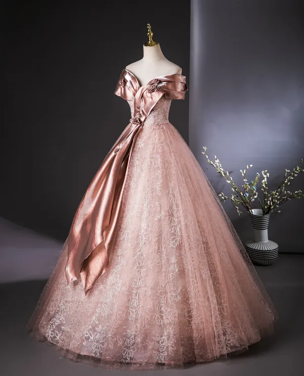 Fashion Blushing Pink Glitter Sequins Prom Dresses 2024 Ball Gown Off-The-Shoulder Short Sleeve Backless Floor-Length / Long Prom Formal Dresses