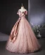 Fashion Blushing Pink Glitter Sequins Prom Dresses 2024 Ball Gown Off-The-Shoulder Short Sleeve Backless Floor-Length / Long Prom Formal Dresses