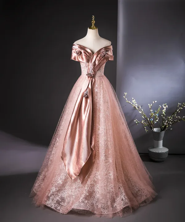 Fashion Blushing Pink Glitter Sequins Prom Dresses 2024 Ball Gown Off-The-Shoulder Short Sleeve Backless Floor-Length / Long Prom Formal Dresses