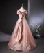 Fashion Blushing Pink Glitter Sequins Prom Dresses 2024 Ball Gown Off-The-Shoulder Short Sleeve Backless Floor-Length / Long Prom Formal Dresses