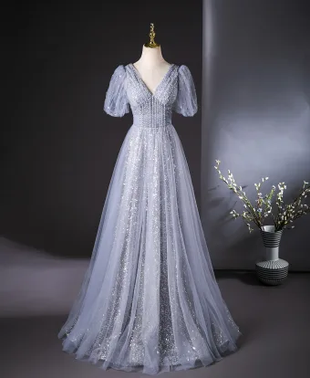 Bling Bling Bleu Ciel Perlage Paillettes Gland Robe De Bal 2024 Princesse V Cou Manches Courtes Dos Nu Longue Promo Robe De Ceremonie