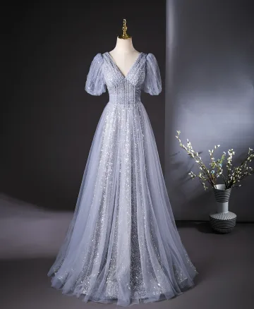 Bling Bling Sky Blue Beading Sequins Tassel Prom Dresses 2024 A Line Princess V Neck Short Sleeve Backless Floor Length Long Prom Formal Dresses
