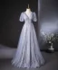 Bling Bling Sky Blue Beading Sequins Tassel Prom Dresses 2024 A-Line / Princess V-Neck Short Sleeve Backless Floor-Length / Long Prom Formal Dresses