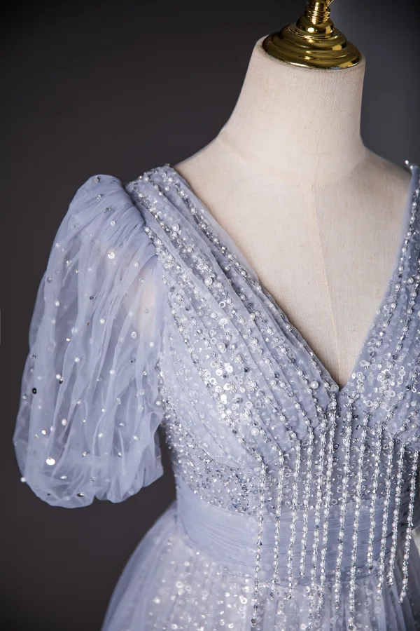 Bling Bling Sky Blue Beading Sequins Tassel Prom Dresses 2024 A-Line / Princess V-Neck Short Sleeve Backless Floor-Length / Long Prom Formal Dresses