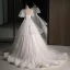 Chic / Beautiful White Lace Flower Appliques Wedding Dresses 2023 Ball Gown Square Neckline Short Sleeve Backless Floor-Length / Long Wedding