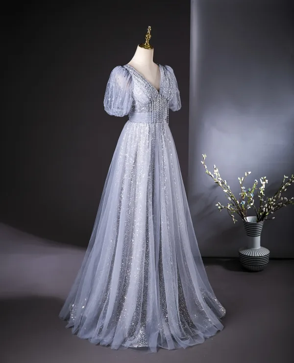 Bling Bling Sky Blue Beading Sequins Tassel Prom Dresses 2024 A-Line / Princess V-Neck Short Sleeve Backless Floor-Length / Long Prom Formal Dresses