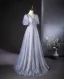 Bling Bling Sky Blue Beading Sequins Tassel Prom Dresses 2024 A-Line / Princess V-Neck Short Sleeve Backless Floor-Length / Long Prom Formal Dresses