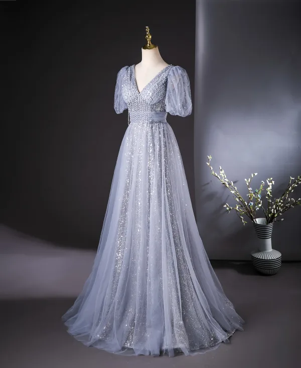 Bling Bling Sky Blue Beading Sequins Tassel Prom Dresses 2024 A-Line / Princess V-Neck Short Sleeve Backless Floor-Length / Long Prom Formal Dresses