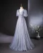 Bling Bling Sky Blue Beading Sequins Tassel Prom Dresses 2024 A-Line / Princess V-Neck Short Sleeve Backless Floor-Length / Long Prom Formal Dresses