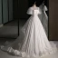 Chic / Beautiful White Lace Flower Appliques Wedding Dresses 2023 Ball Gown Square Neckline Short Sleeve Backless Floor-Length / Long Wedding
