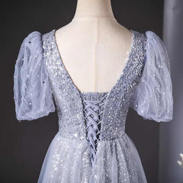 Bling Bling Sky Blue Beading Sequins Tassel Prom Dresses 2024 A-Line / Princess V-Neck Short Sleeve Backless Floor-Length / Long Prom Formal Dresses