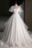 Chic / Beautiful White Lace Flower Appliques Wedding Dresses 2023 Ball Gown Square Neckline Short Sleeve Backless Floor-Length / Long Wedding