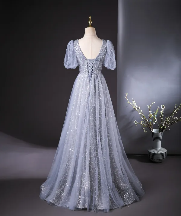 Bling Bling Sky Blue Beading Sequins Tassel Prom Dresses 2024 A-Line / Princess V-Neck Short Sleeve Backless Floor-Length / Long Prom Formal Dresses