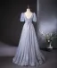 Bling Bling Sky Blue Beading Sequins Tassel Prom Dresses 2024 A-Line / Princess V-Neck Short Sleeve Backless Floor-Length / Long Prom Formal Dresses