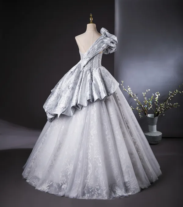 Mode Silber Grau Strass Ballkleider 2024 Ballkleid One-Shoulder Kurze Ärmel Rückenfreies Lange Ball Festliche Kleider