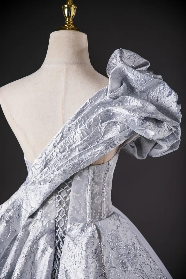 Mode Silber Grau Strass Ballkleider 2024 Ballkleid One-Shoulder Kurze Ärmel Rückenfreies Lange Ball Festliche Kleider